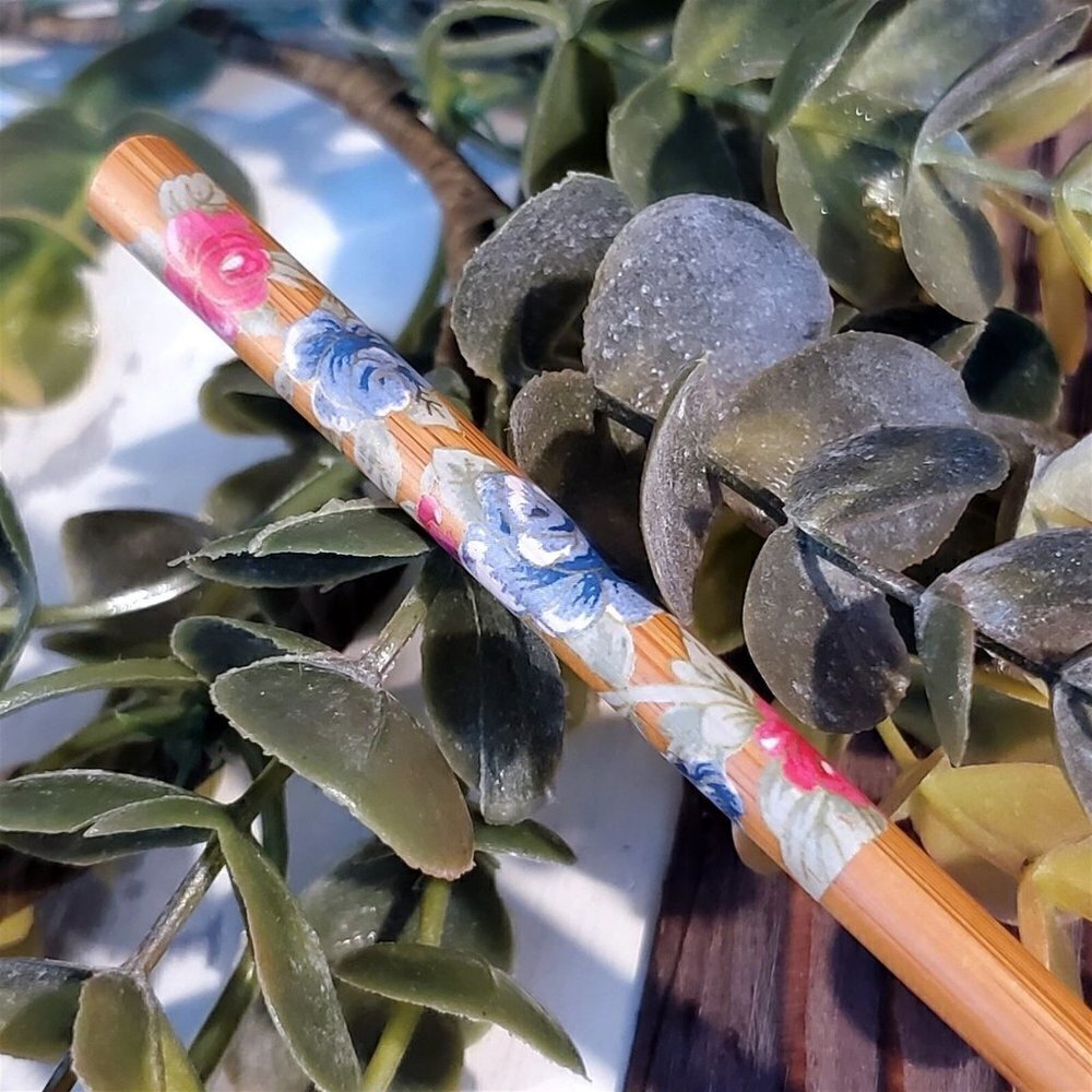 Japanese Flower Print Tortoise Shell Bamboo Hair Stick Blue Pink Green Multi